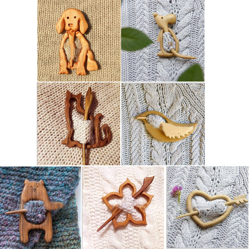 Brooch Pin with Wooden Animal Pattern