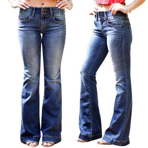 Mid Waist Casual Button Bell-bottom Jeans