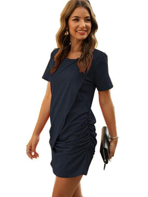 Casual Plain Round Neck Short Sleeve Asymmetrical Midi Dress