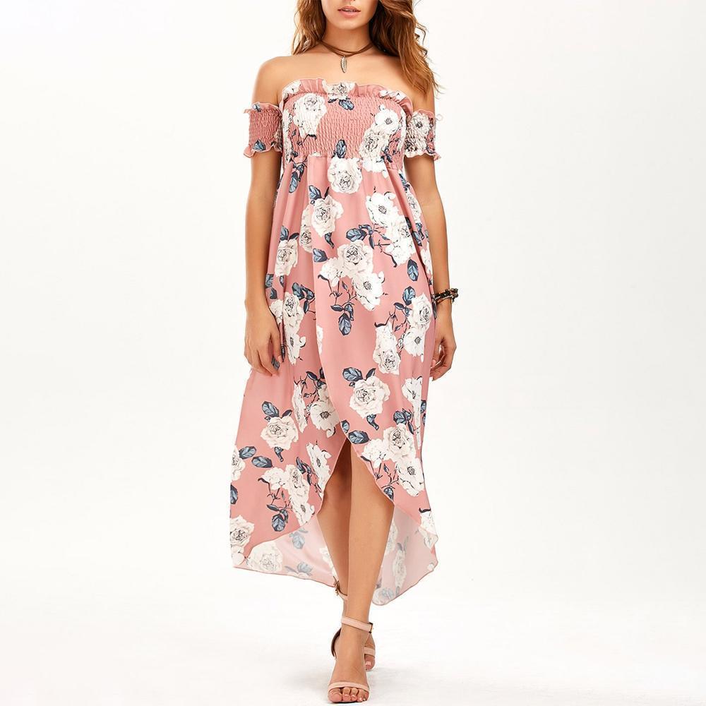 Off Shoulder Shirred Slit Floral Maxi Dress