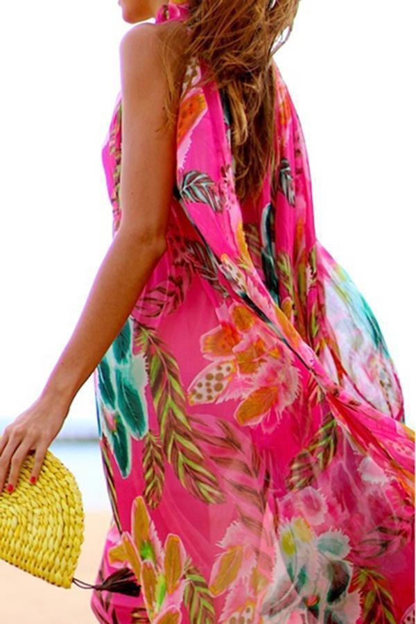 Bohemia Halter Neck Floral Print Vacation Maxi Dress