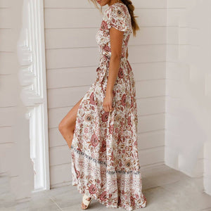 New Bohemian Big Pendulum V-Neck Beach Holiday Tie Printing Maxi Dresses.MC