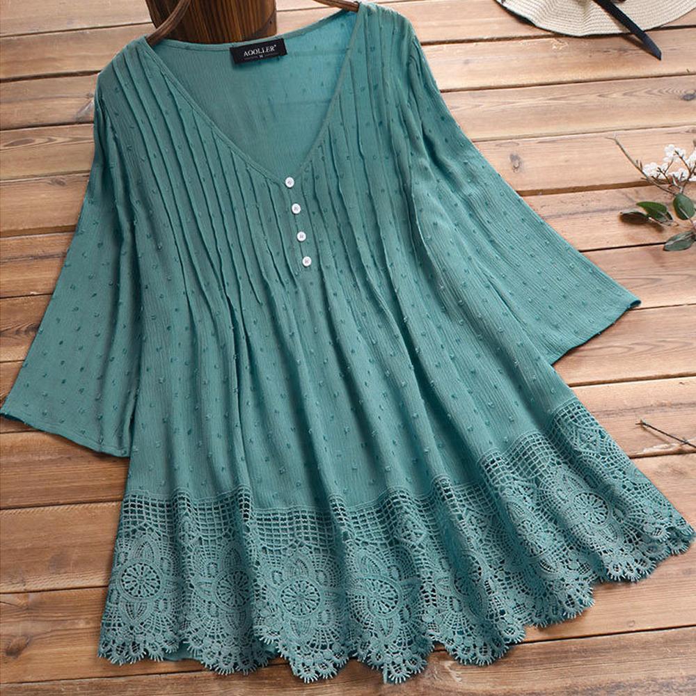 Jacquard Pleated Lace Hollow Out V-neck Plus Size Blouse