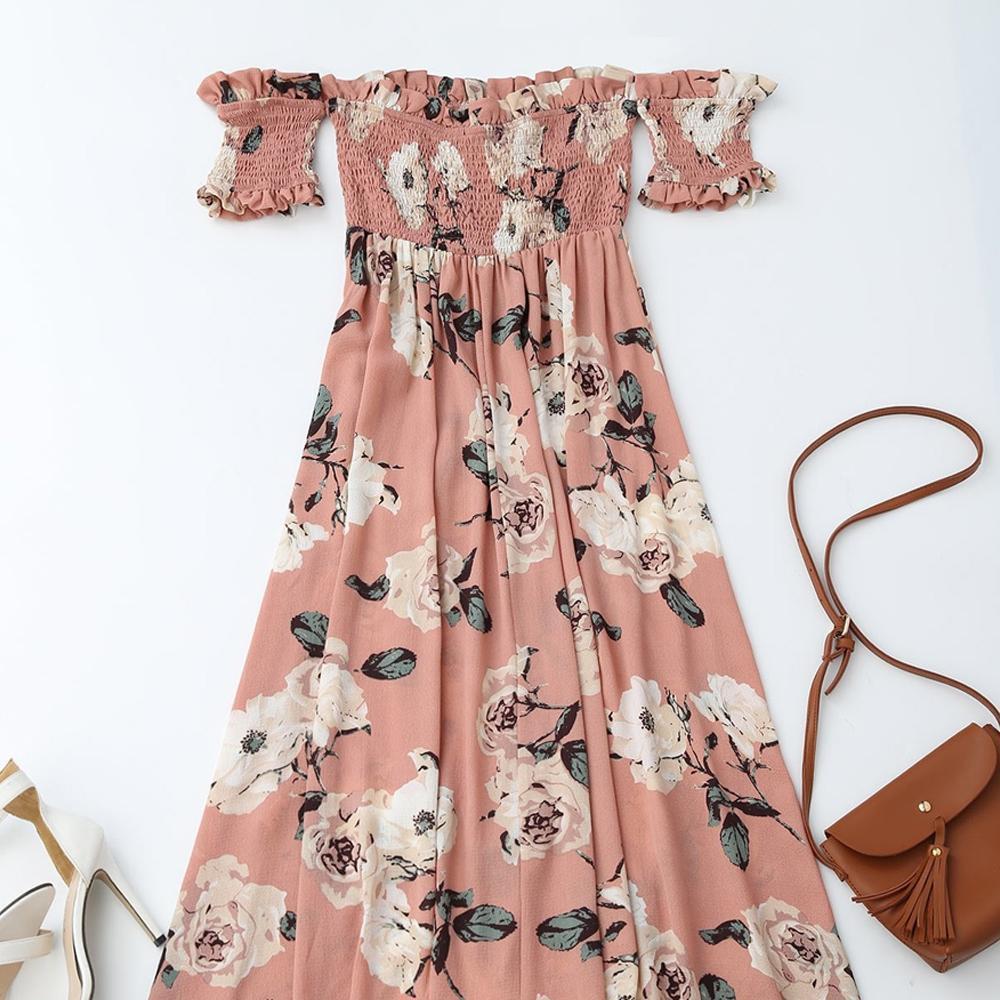 Off Shoulder Shirred Slit Floral Maxi Dress