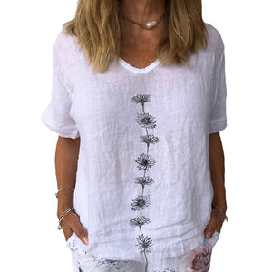 Daisy Floral Crew Neck Short Sleeve Cotton Linen T-Shirt