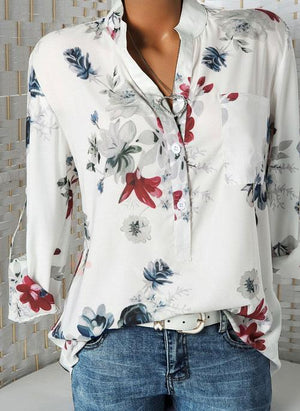 Floral Casual Stand Collar Long Sleeve Blouses TOPS.FL