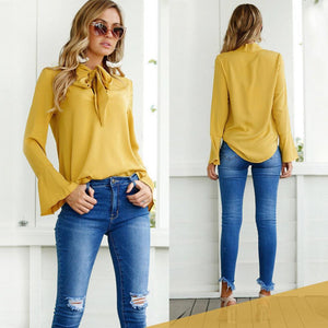 Lace-up Long Sleeve Chiffon Blouse