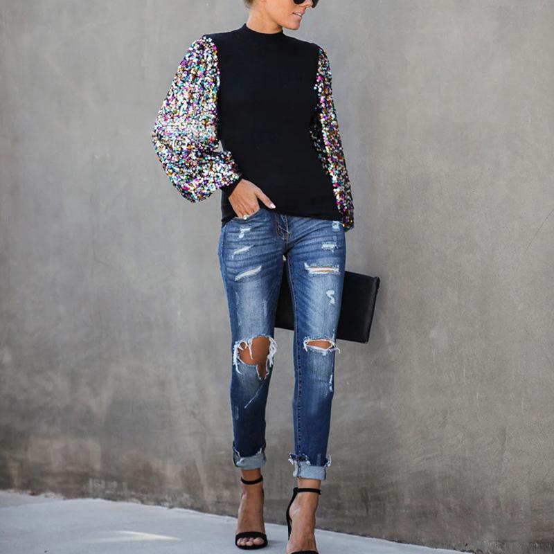 Half Turtle Neck Sequins Blouse