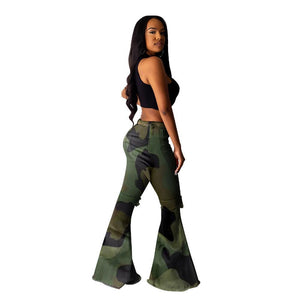 Camouflage Print Hole Flared Pants