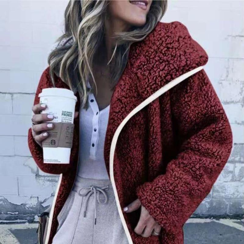 Women Hooded Sherpa Coat Shawl Collar Solid Teddy Bear Coats