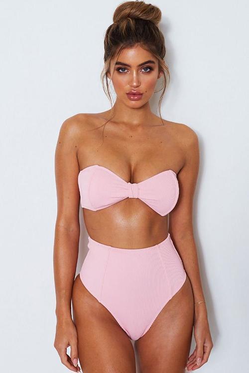 New Ribbed Bowknot Bandeau Bikini Swimsuit in Pink.MO