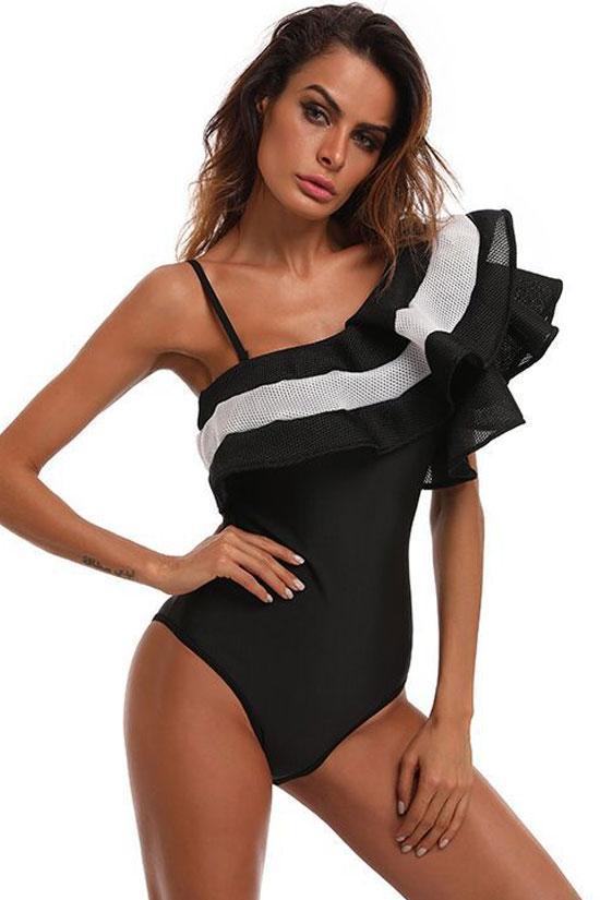 New Contrast Meshlet Ruffle One Shoulder One Piece Swimsuit in Black.AQ